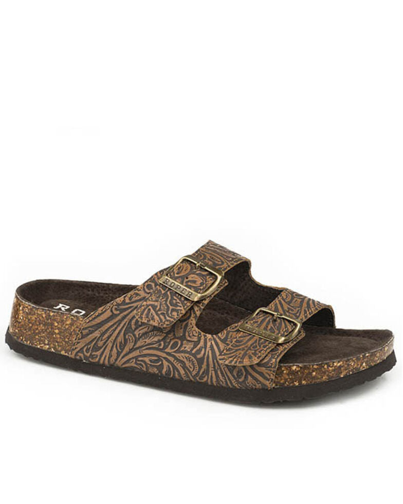 Roper Women's Brown Embossed Leather Sandals
