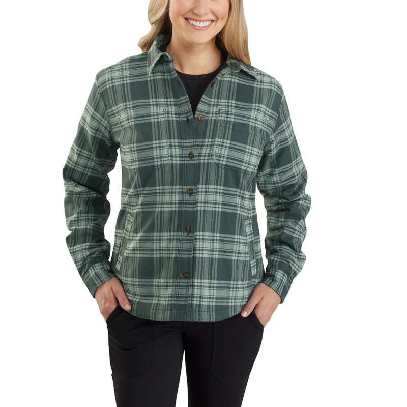 Carhartt Women's Rugged Flex Relaxed Fit Flannel Fleece Lined Plaid Shirt - FOG GREEN G34