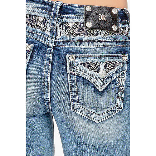 Miss Me Women's Leopard Filled Yoke Low Rise Boot Cut