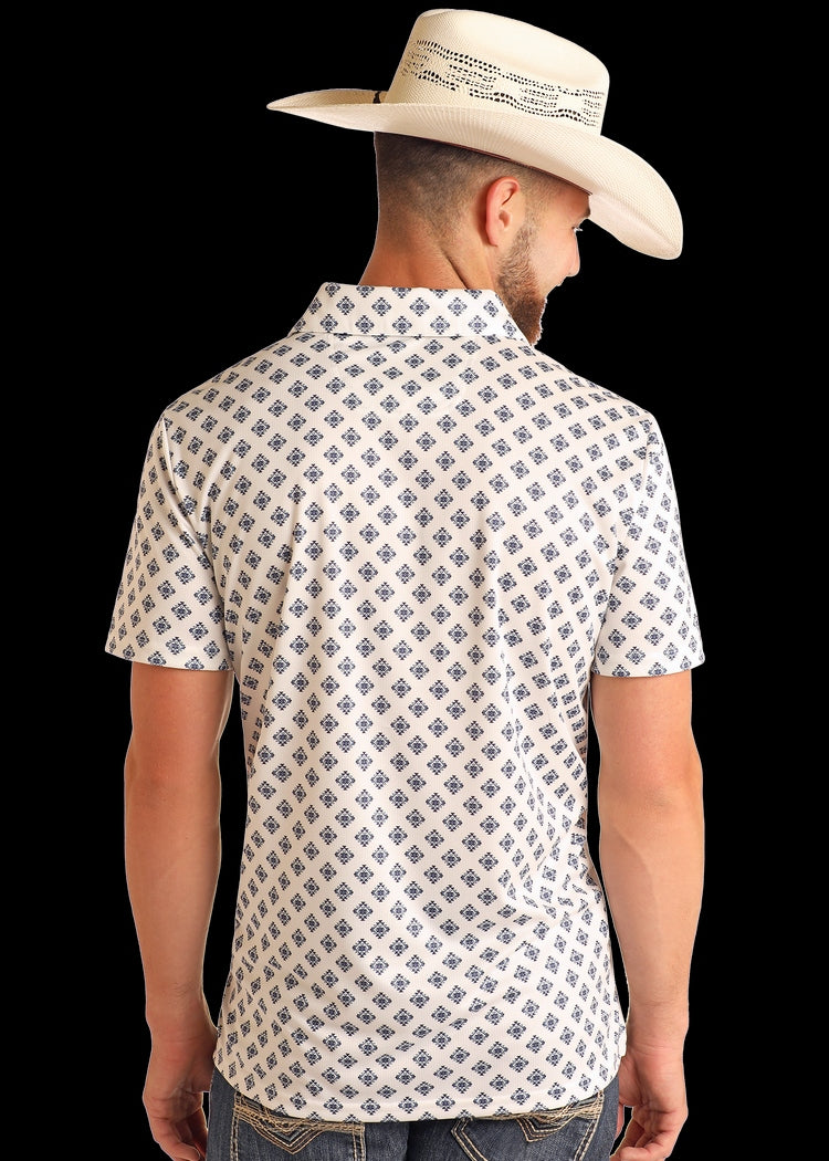 Rock & Roll Men's White Diamond Aztec Polo