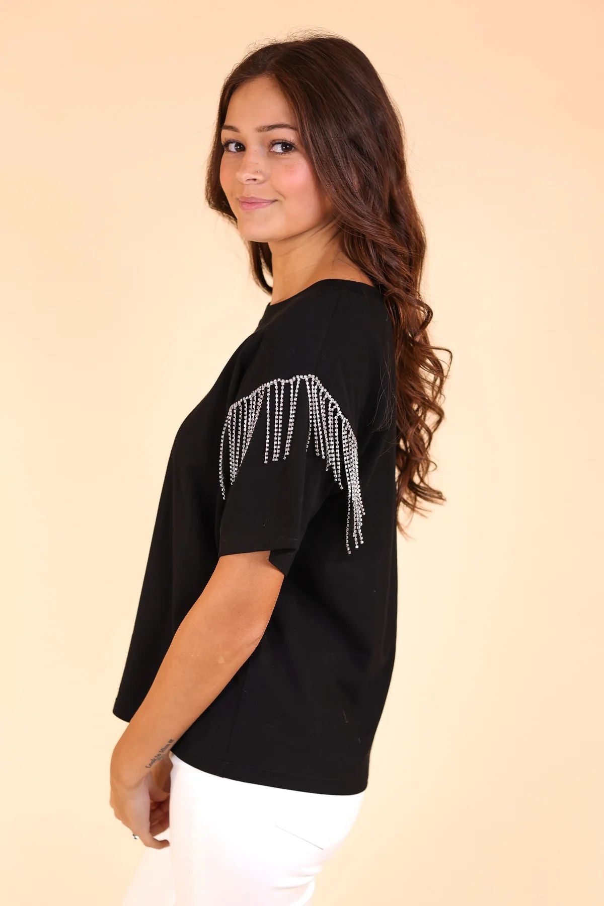 Southern Grace Glitzy Gal Tee With Rhinestone Fringe