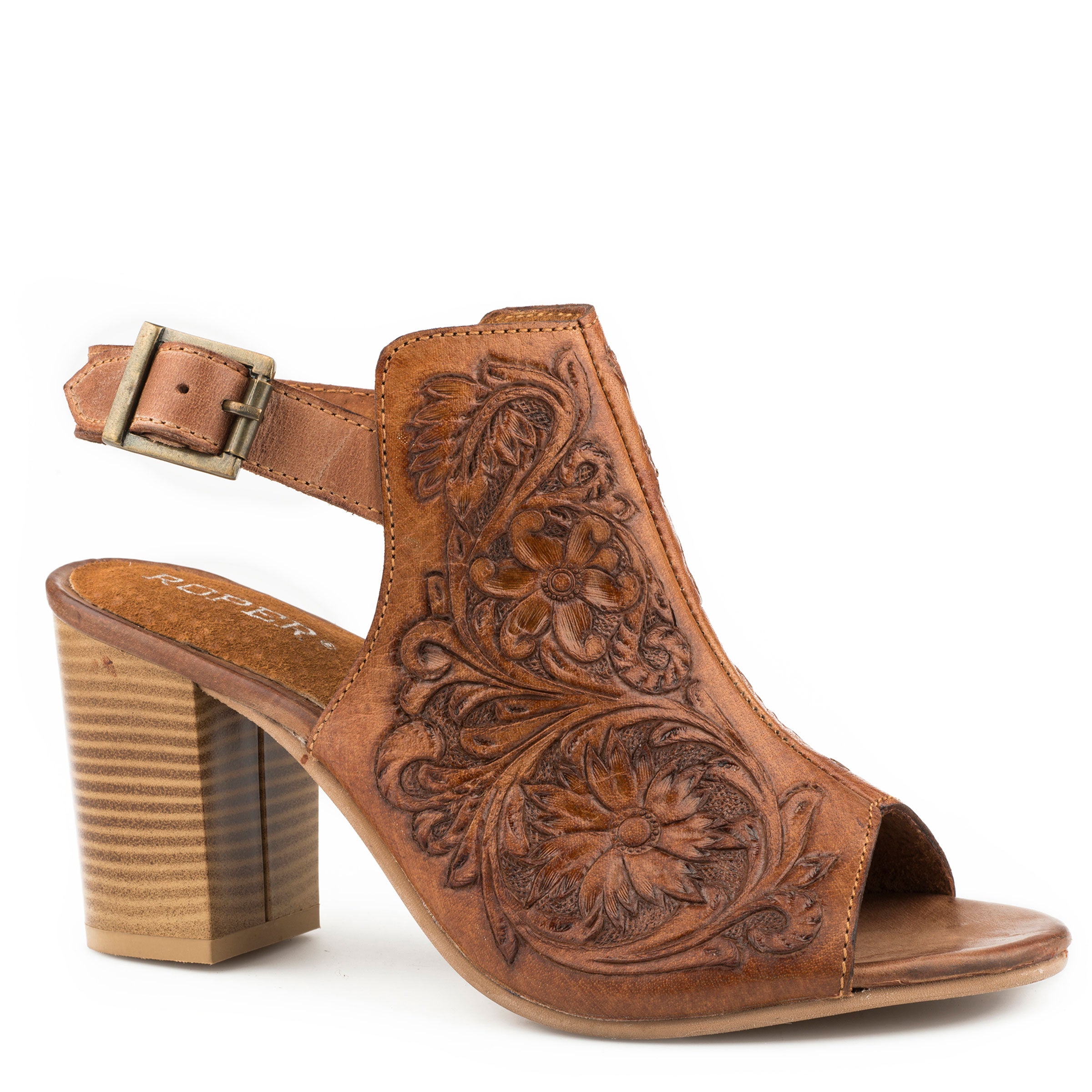 Roper Ladies Fashion Mule Floral Tooled Leather With Open Toe And Back Strap