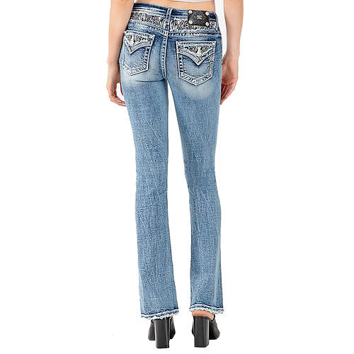 Miss Me Women's Leopard Filled Yoke Low Rise Boot Cut