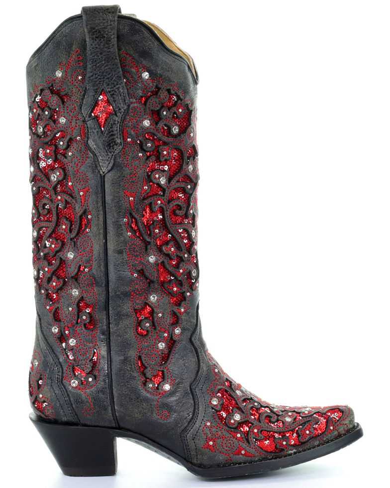 Corral Women's Black & Red Glitter Inlay Cowgirl Boots
