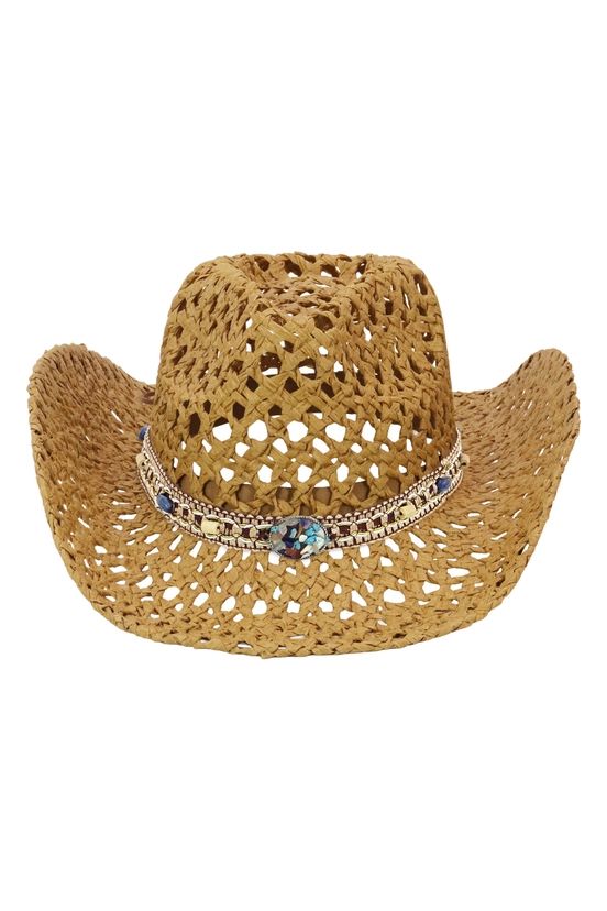 Gemstone Band Coastal Crochet Fishnet Cowboy Hat