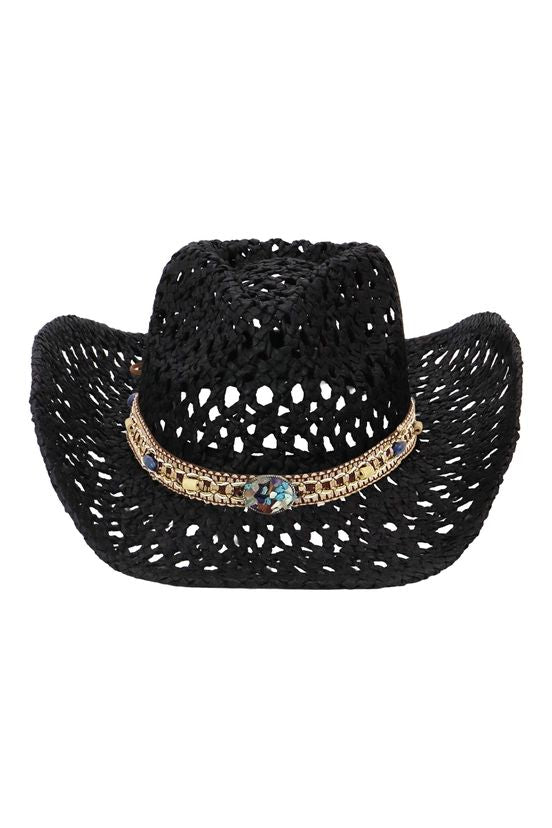 Gemstone Band Coastal Crochet Fishnet Cowboy Hat