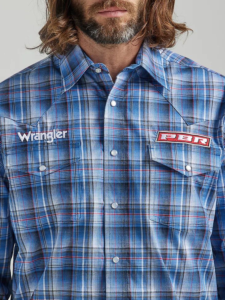 Wrangler Men's PBR Logo Long Sleeve Plaid Western Snap Shirt