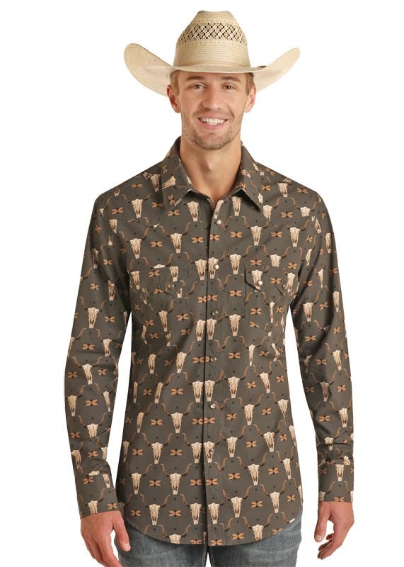 Rock & Roll Denim Men's Long Sleeve Vintage Skull Snap Shirt