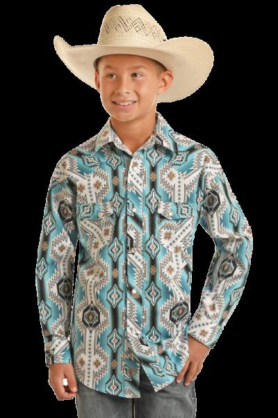 Rock & Roll Denim Boys Long Sleeve Aztec Snap Shirt