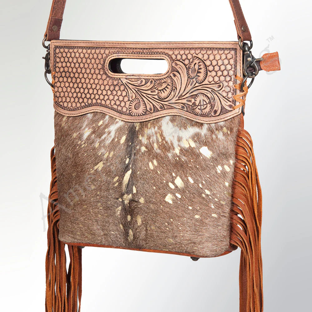 American Darling Women's Brown & Gold Cowhide Fringe Crossbody