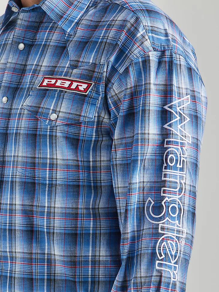 Wrangler Men's PBR Logo Long Sleeve Plaid Western Snap Shirt