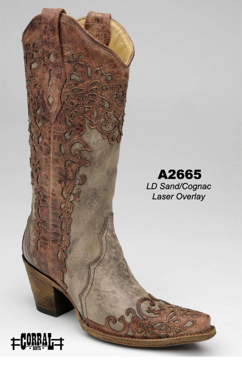 Corral Women's Sand Cognac Laser Overlay Boots