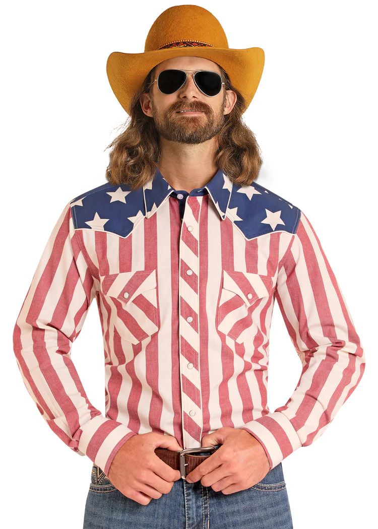 Rock & Roll Men's Dale Brisby Slim Fit Stars & Stripes Long Sleeve Snap Shirt