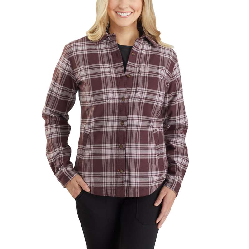 Carhartt Women's Rugged Flex Relaxed Fit Flannel Fleece Lined Plaid Shirt - DEEP WINE DWN