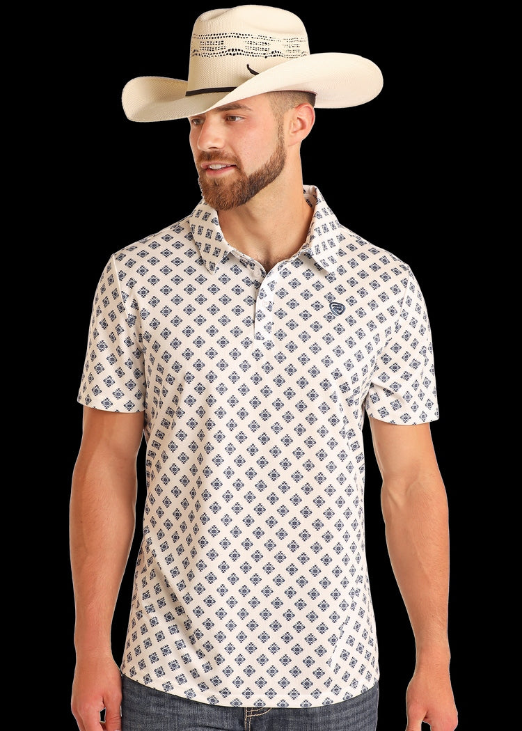 Rock & Roll Men's White Diamond Aztec Polo