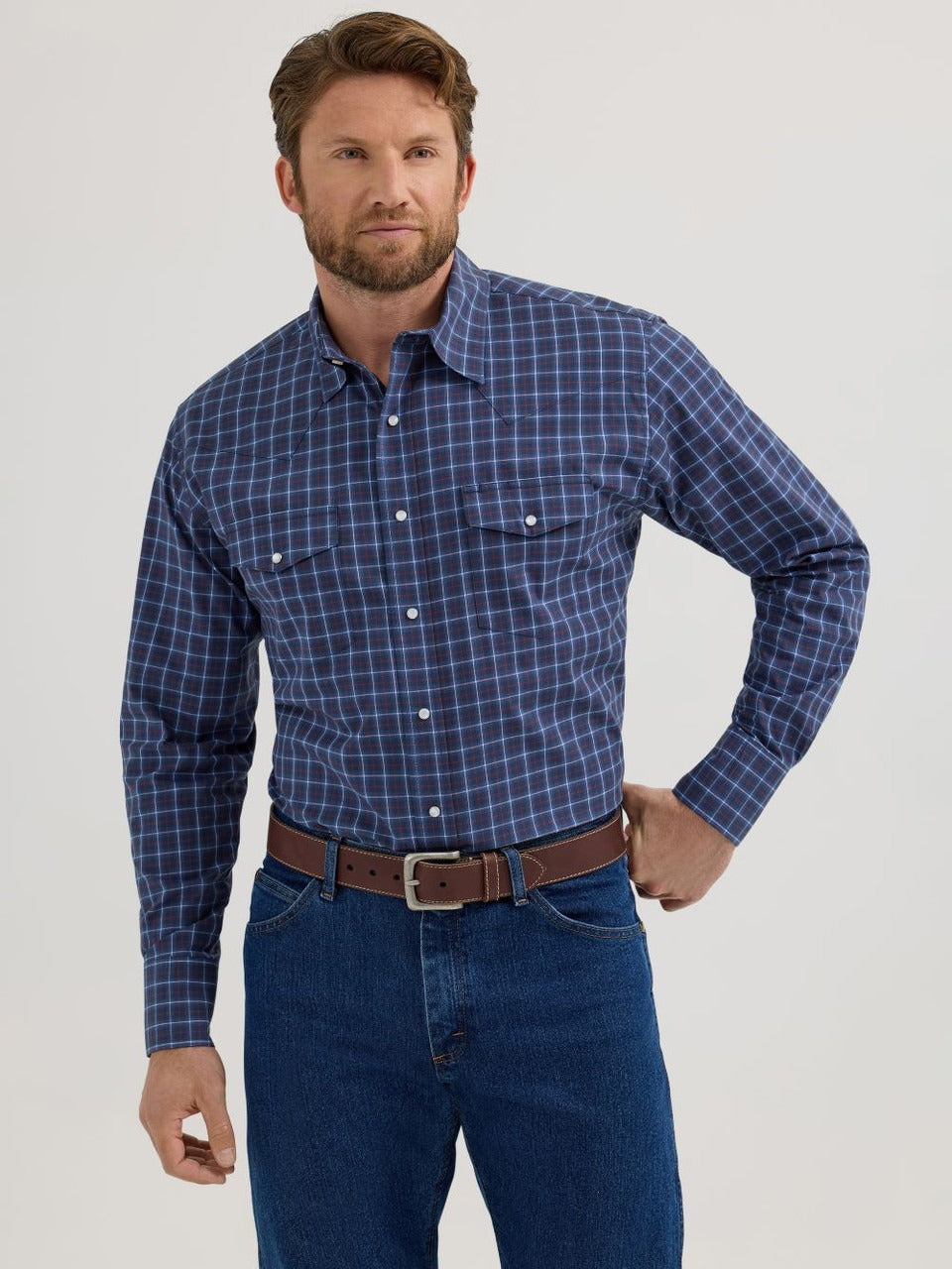 Wrangler Men's Navy Peral Snap Plaid Long-Sleeve Western Shirt BIG & TALL