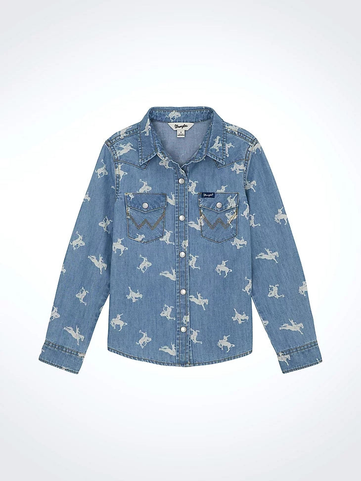 Wrangler Girl's Printed Denim Western Snap Shirt