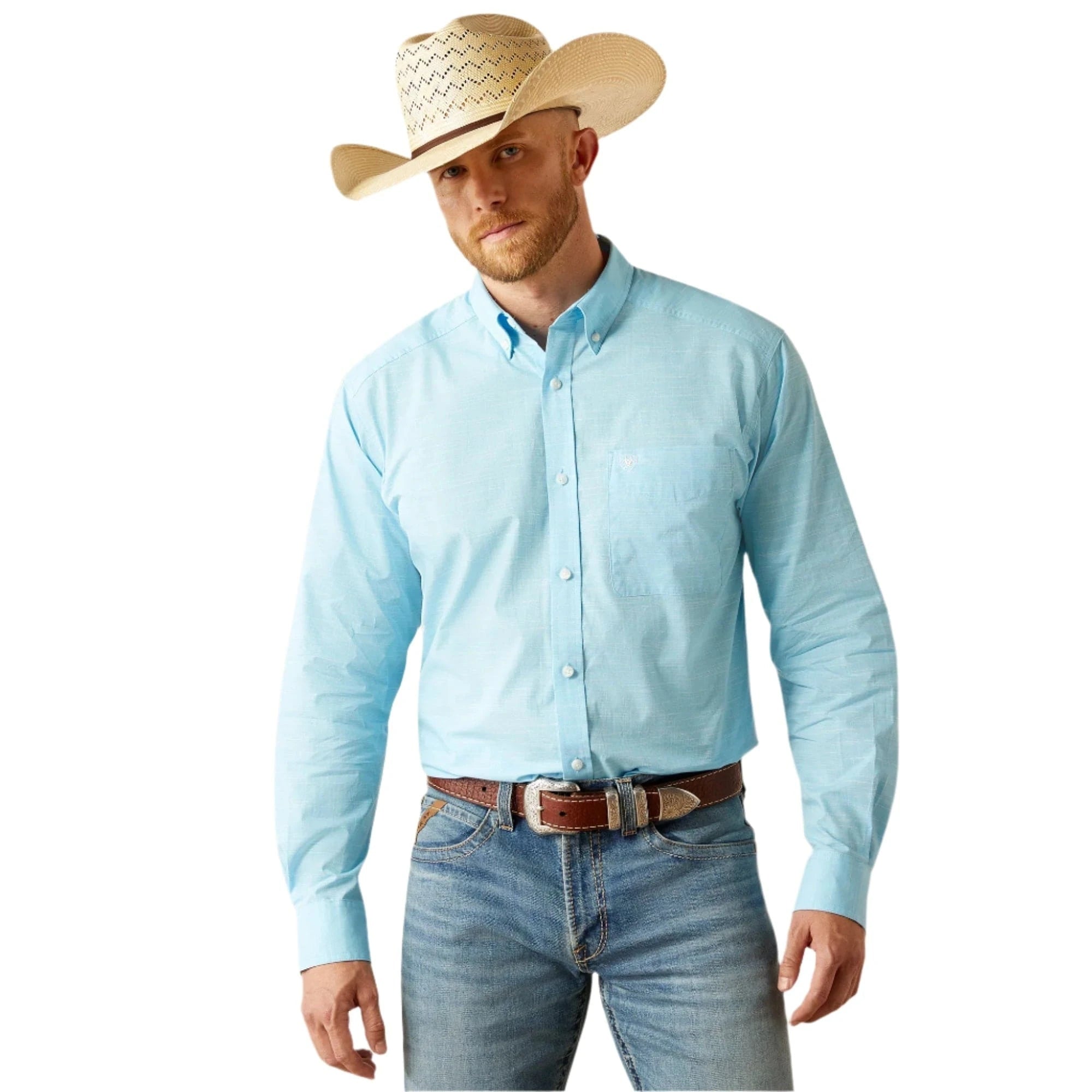 Ariat Men's Light Blue Solid Slub Button Down Western Shirt