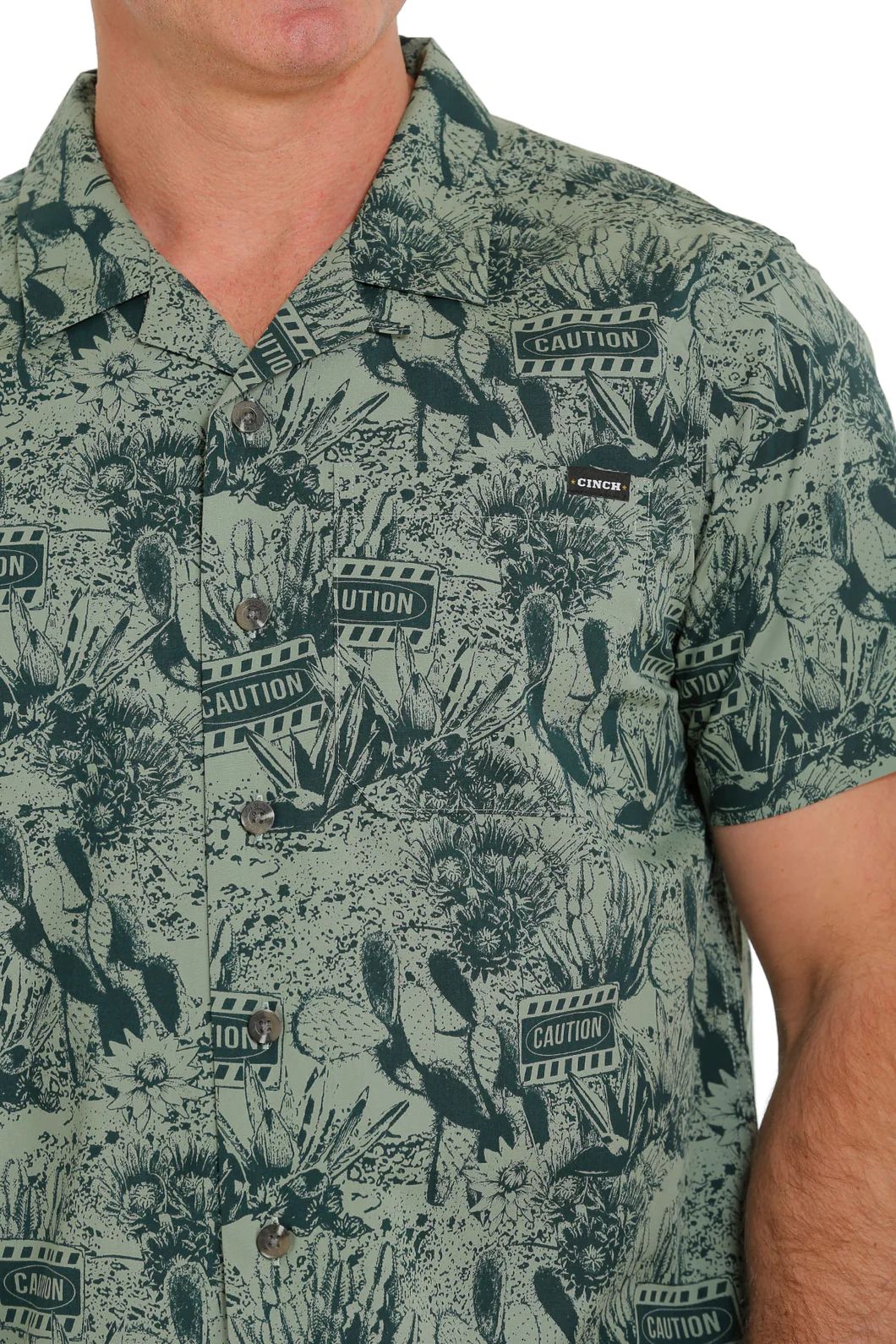 Cinch Men's Green Caution Cactus Print Short Sleeve Button-Down Camp Shirt