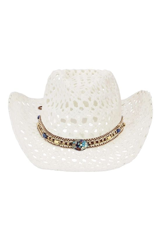 Gemstone Band Coastal Crochet Fishnet Cowboy Hat