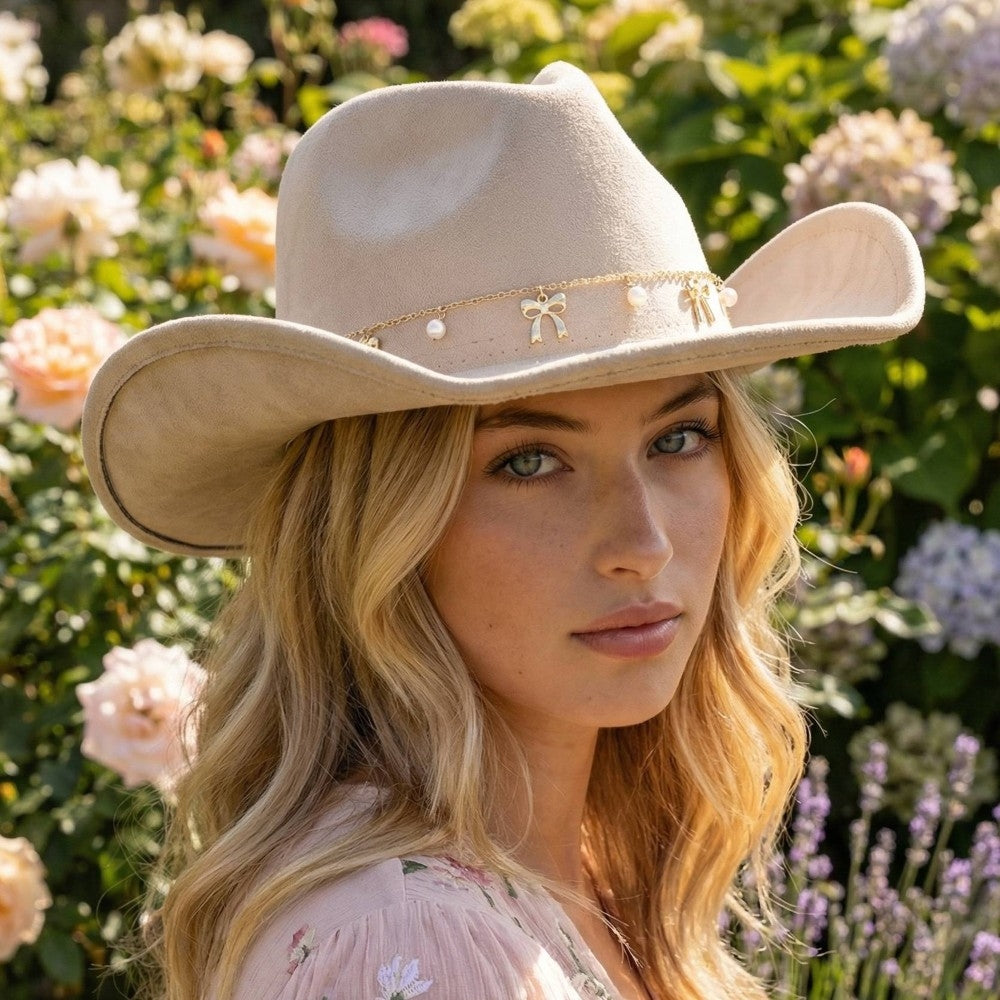 Anarchy Street Women's Ribbon Bow Pearl Chain Cowboy Hat