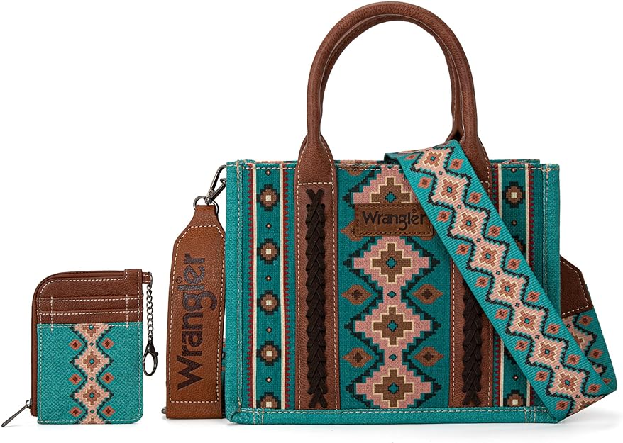 Wrangler Aztec Small Tote/Crossbody and Card Case Set 2Pc - Turquoise