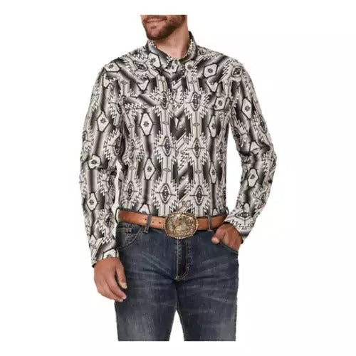 Rock & Roll Long Sleeve Denim Aztec Print Snap Shirt