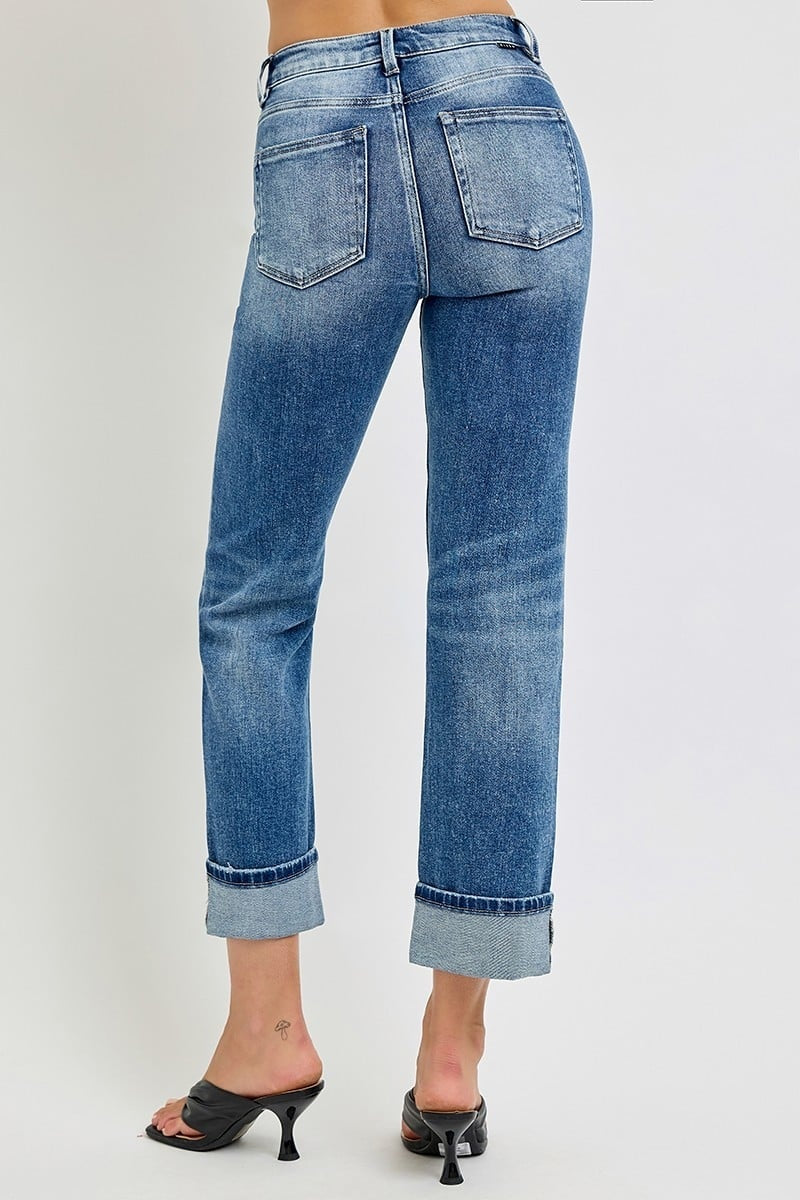 Risen Jeans Women's High Rise Crop Straight Roll Up Jean