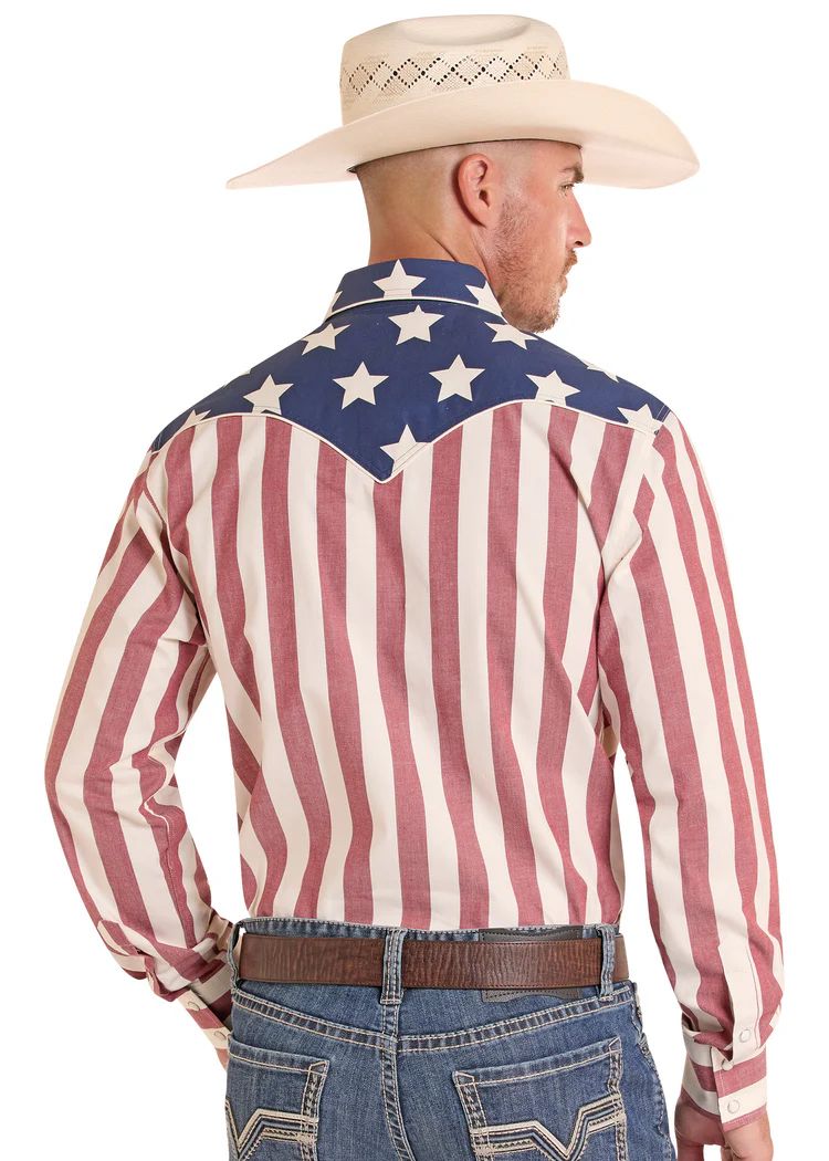 Rock & Roll Men's Dale Brisby Slim Fit Stars & Stripes Long Sleeve Snap Shirt
