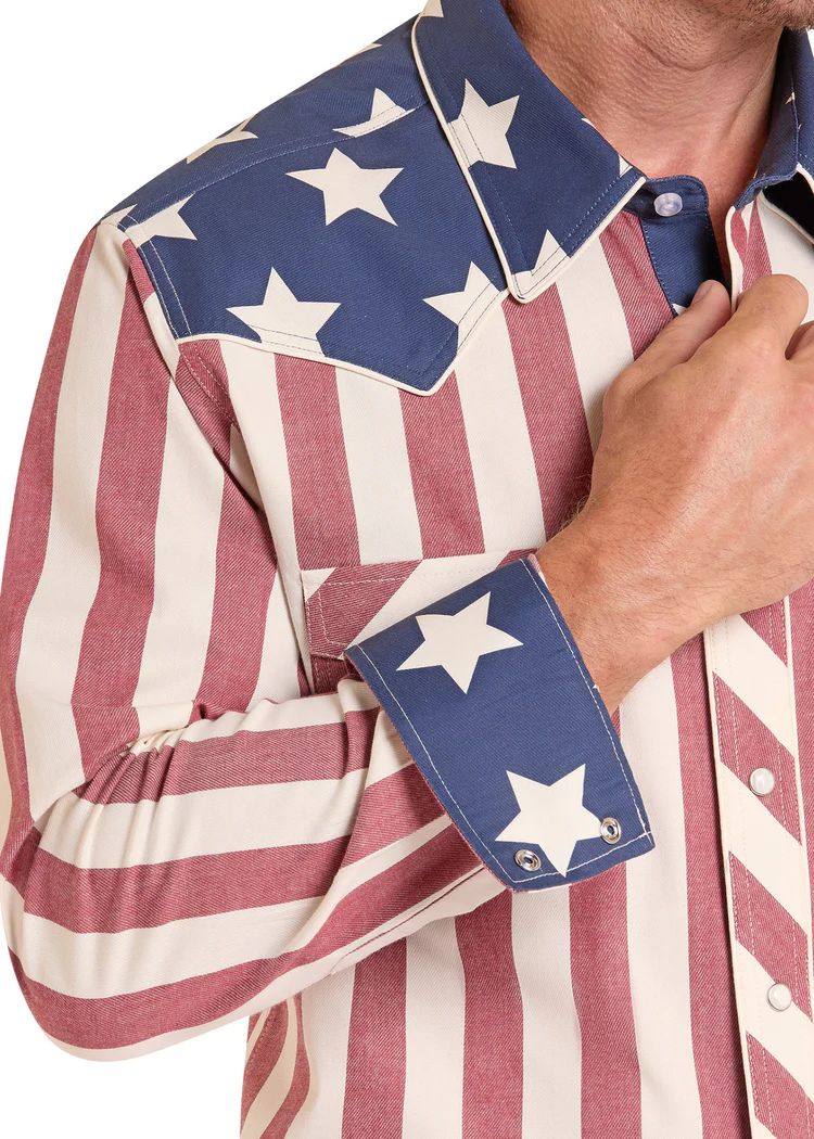 Rock & Roll Men's Dale Brisby Slim Fit Stars & Stripes Long Sleeve Snap Shirt