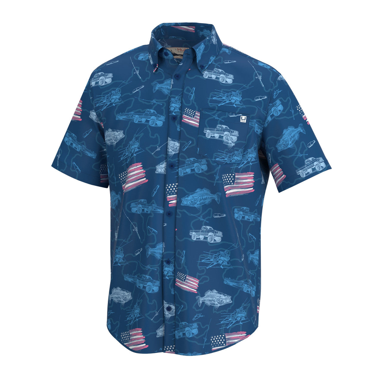 Huk Men's Kona Fish and Flags Short-Sleeve Button-Down Shirt
