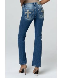 Miss Me Women's Prosecco Cross Mid-Rise Bootcut Jeans