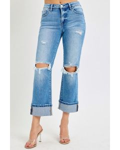 Risen Jeans Women's Mid Rise Crop Straight Cuffed Jeans