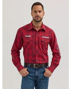 Wrangler Men's PBR Logo Long Sleeve Plaid Western Snap Shirt